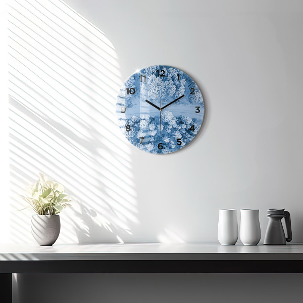 Round glass wall clock Forest in winter