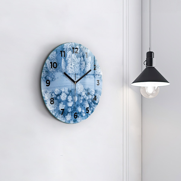 Round glass wall clock Forest in winter