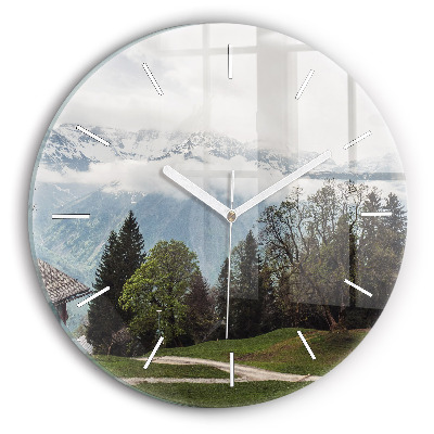 Round glass wall clock Mountain view