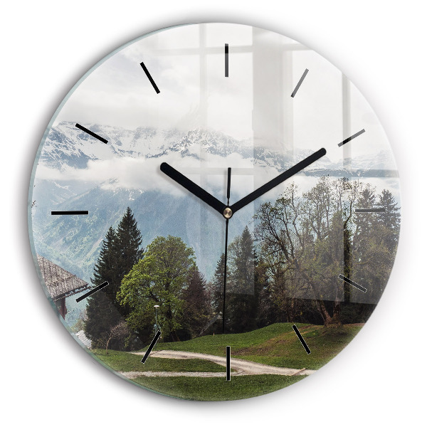 Round glass wall clock Mountain view
