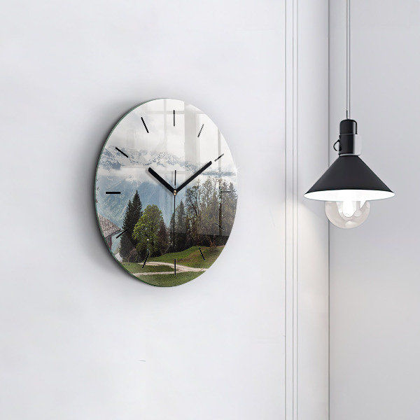 Round glass wall clock Mountain view