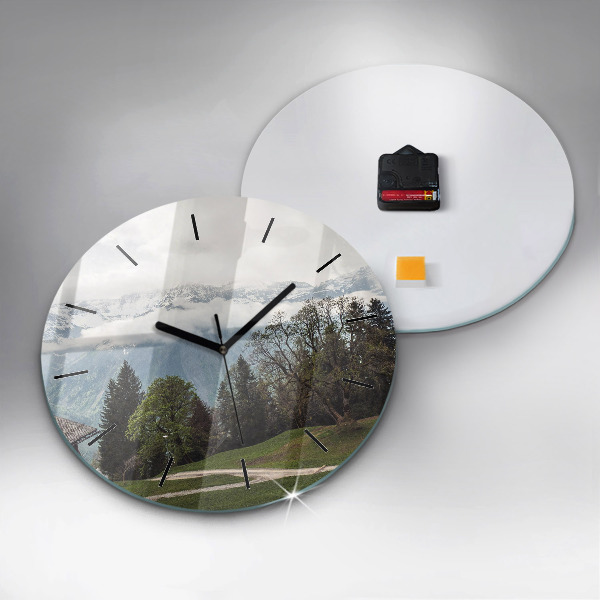 Round glass wall clock Mountain view