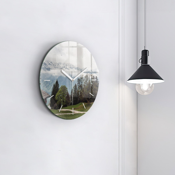 Round glass wall clock Mountain view