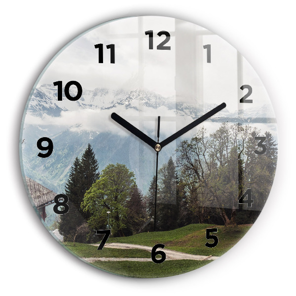 Round glass wall clock Mountain view