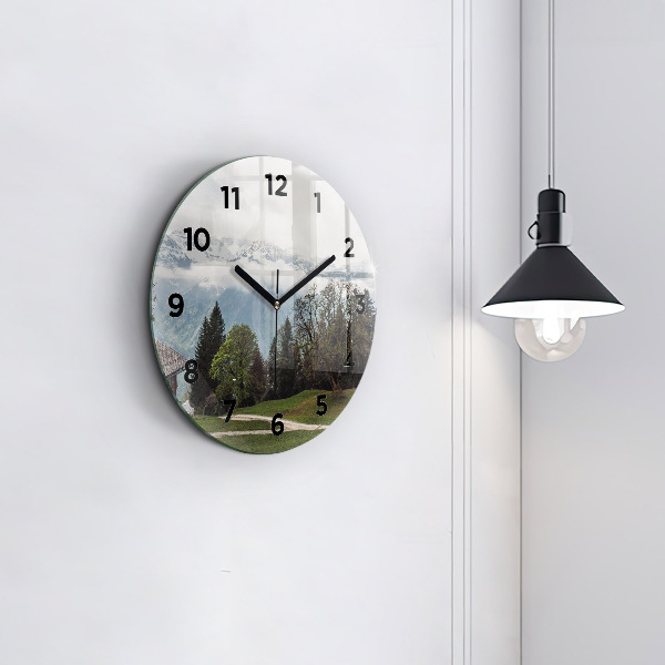 Round glass wall clock Mountain view