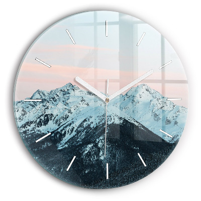 Round glass wall clock Mountain range in winter
