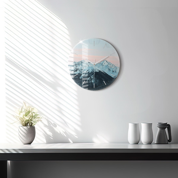 Round glass wall clock Mountain range in winter
