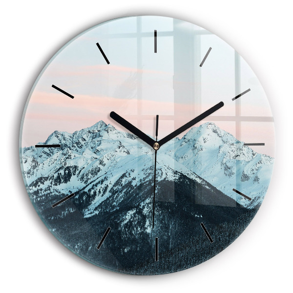 Round glass wall clock Mountain range in winter
