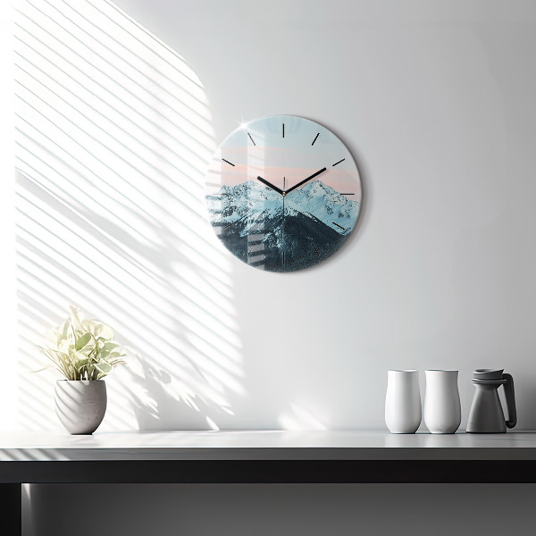Round glass wall clock Mountain range in winter