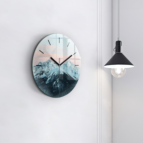 Round glass wall clock Mountain range in winter