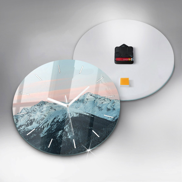 Round glass wall clock Mountain range in winter