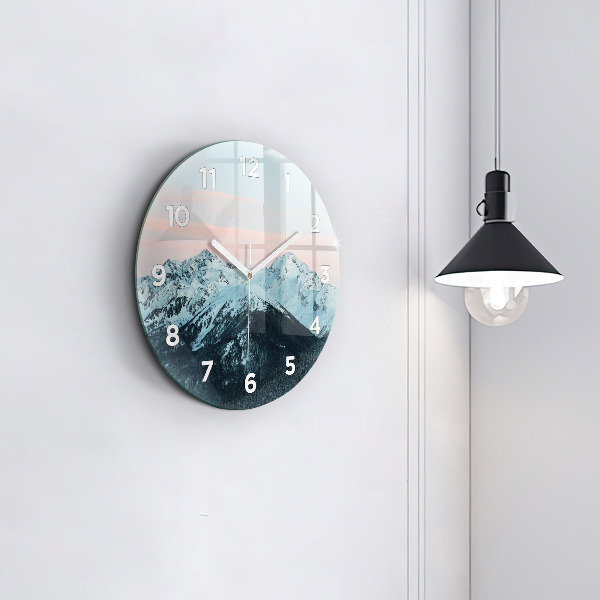 Round glass wall clock Mountain range in winter