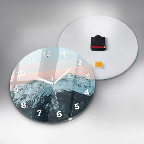 Round glass wall clock Mountain range in winter