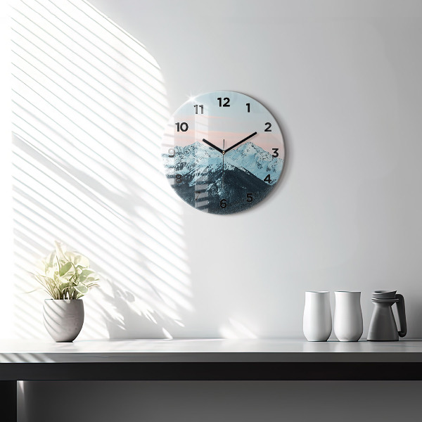 Round glass wall clock Mountain range in winter