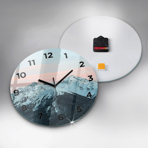 Round glass wall clock Mountain range in winter