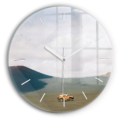 Round glass wall clock Vehicle in the Kamchatka desert