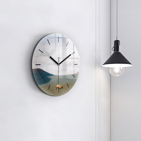 Round glass wall clock Vehicle in the Kamchatka desert