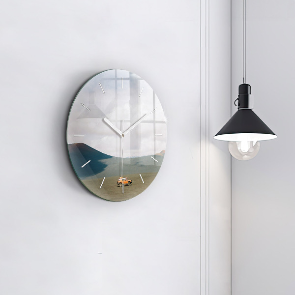 Round glass wall clock Vehicle in the Kamchatka desert