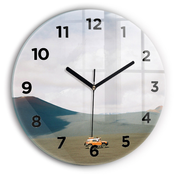 Round glass wall clock Vehicle in the Kamchatka desert