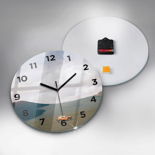 Round glass wall clock Vehicle in the Kamchatka desert