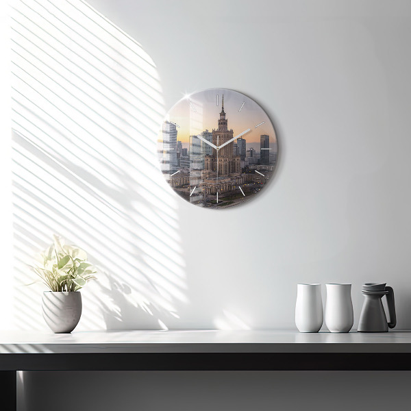 Round glass wall clock Panorama of Warsaw