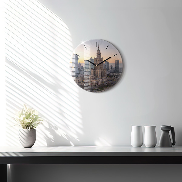 Round glass wall clock Panorama of Warsaw