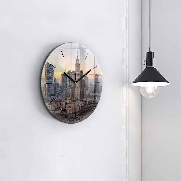 Round glass wall clock Panorama of Warsaw
