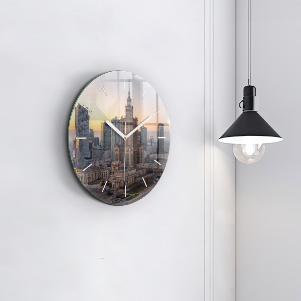 Round glass wall clock Panorama of Warsaw
