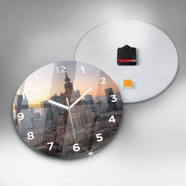Round glass wall clock Panorama of Warsaw