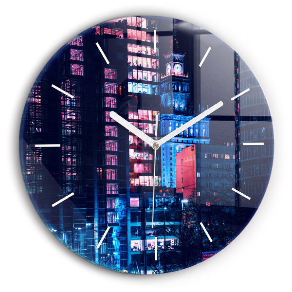 Round glass wall clock Warsaw at night