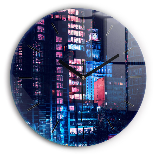 Round glass wall clock Warsaw at night