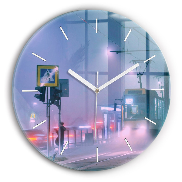 Round glass wall clock Warsaw in the fog