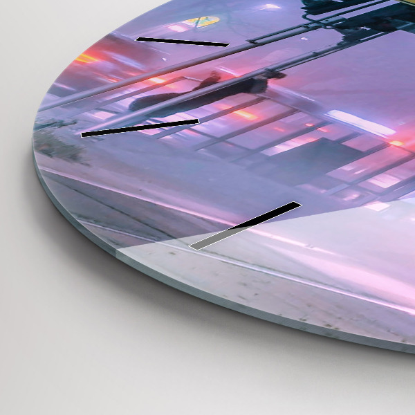 Round glass wall clock Warsaw in the fog