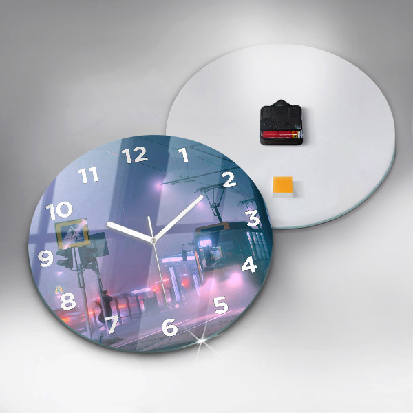 Round glass wall clock Warsaw in the fog