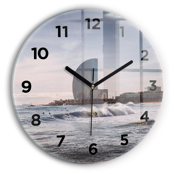 Round glass wall clock Barcelona Surfer