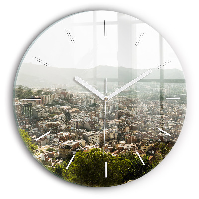 Round glass wall clock Barcelona view Montjuic