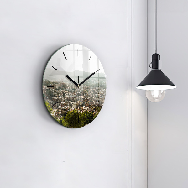 Round glass wall clock Barcelona view Montjuic