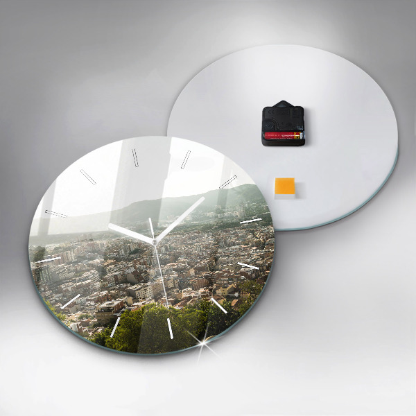 Round glass wall clock Barcelona view Montjuic