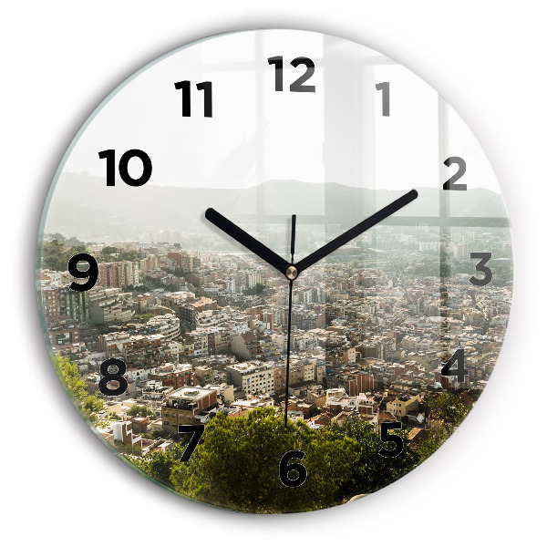 Round glass wall clock Barcelona view Montjuic