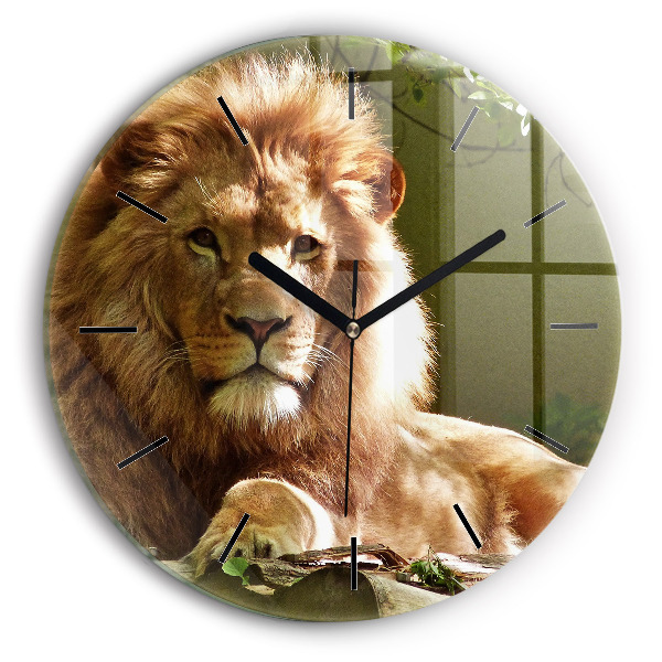 Round glass wall clock Portrait of a Lion