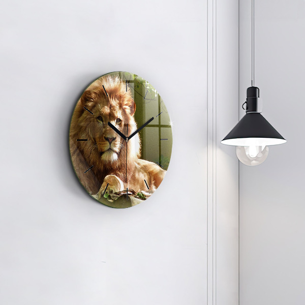 Round glass wall clock Portrait of a Lion