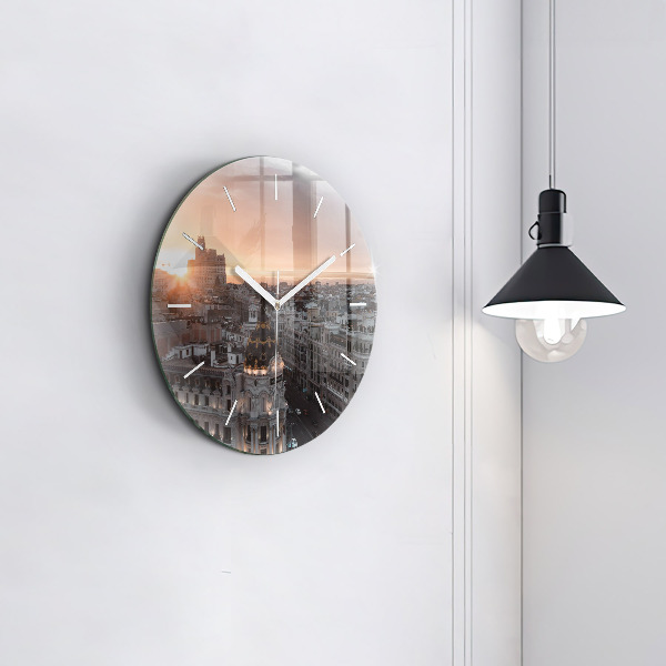 Round glass wall clock Cities at sunset