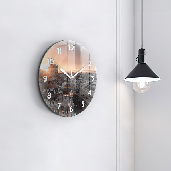 Round glass wall clock Cities at sunset