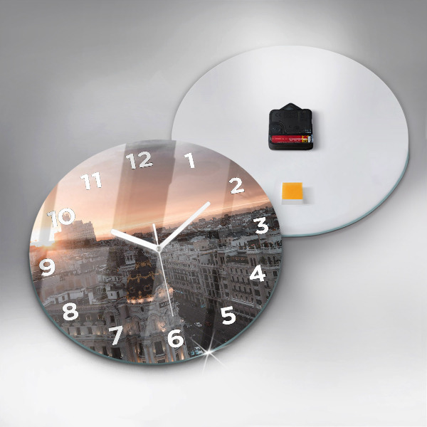Round glass wall clock Cities at sunset