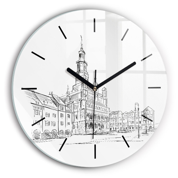 Round glass wall clock Sketch of the old town of Poznań