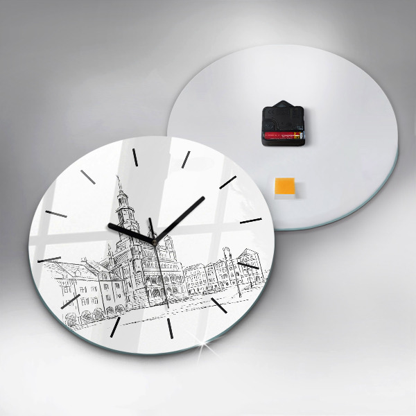 Round glass wall clock Sketch of the old town of Poznań