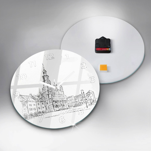 Round glass wall clock Sketch of the old town of Poznań