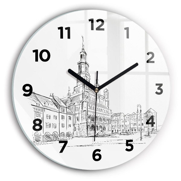 Round glass wall clock Sketch of the old town of Poznań
