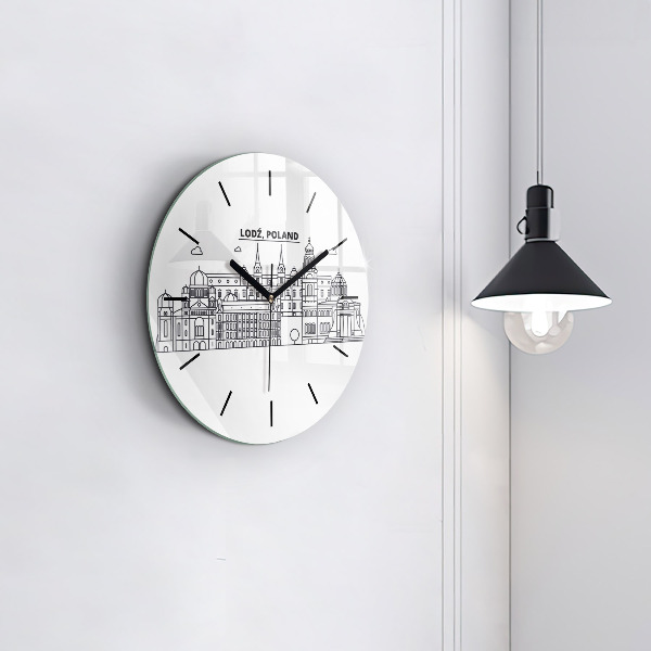 Round glass wall clock Lodz architecture panorama