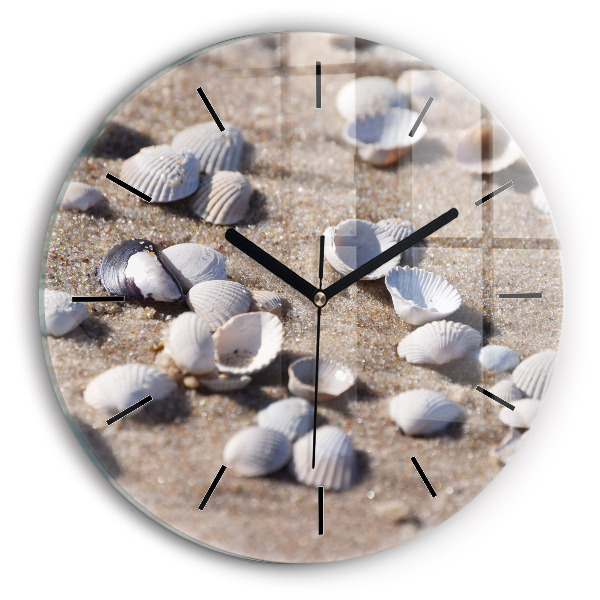 Round glass wall clock Seashells on the beach